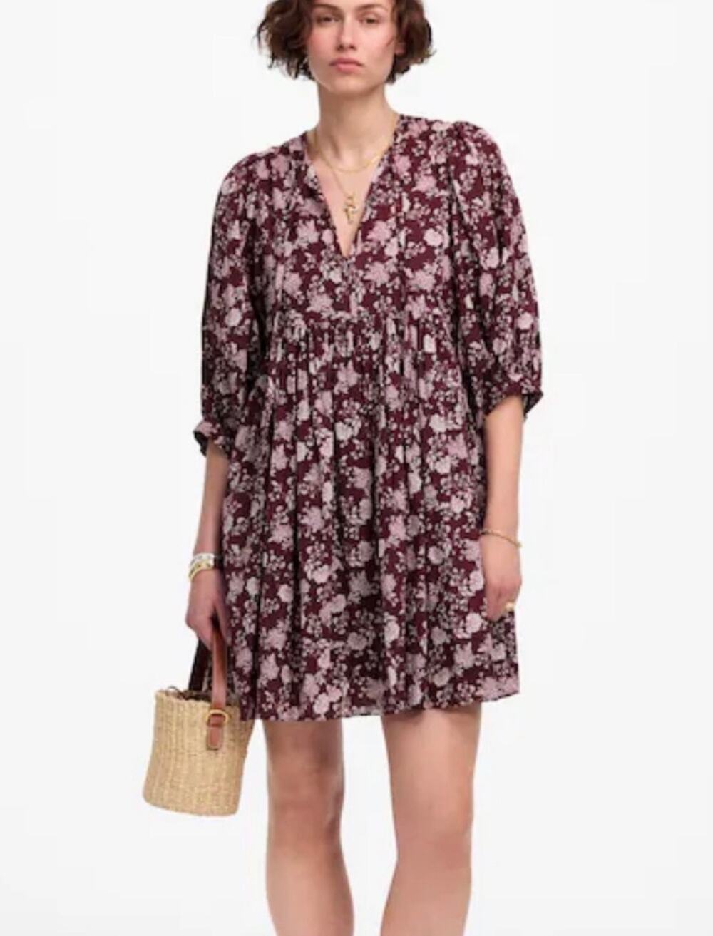 Madewell Splitneck full puffy sleeve plumb floral short mini dress sz XXL